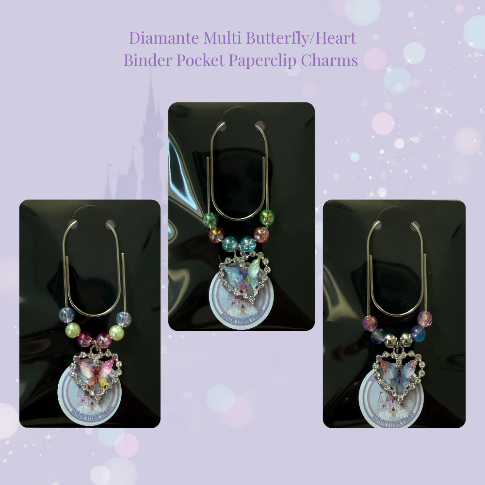 🦋✨ Diamante Multi Butterfly Heart Binder Pocket Charms ✨🦋 | Silver Paperclip