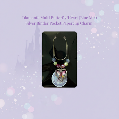 🦋✨ Diamante Multi Butterfly Heart Binder Pocket Charms ✨🦋 | Silver Paperclip