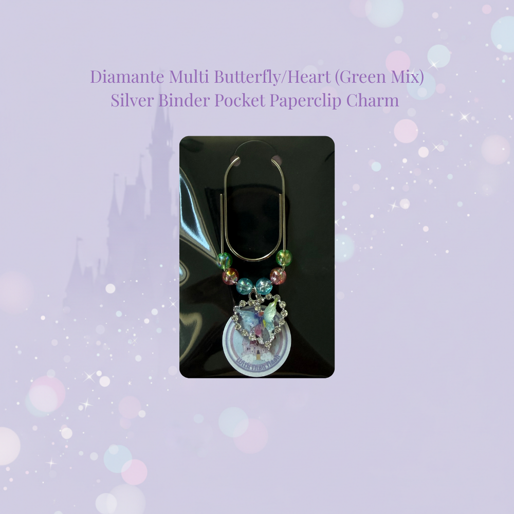 🦋✨ Diamante Multi Butterfly Heart Binder Pocket Charms ✨🦋 | Silver Paperclip