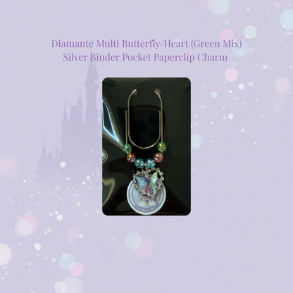🦋✨ Diamante Multi Butterfly Heart Binder Pocket Charms ✨🦋 | Silver Paperclip