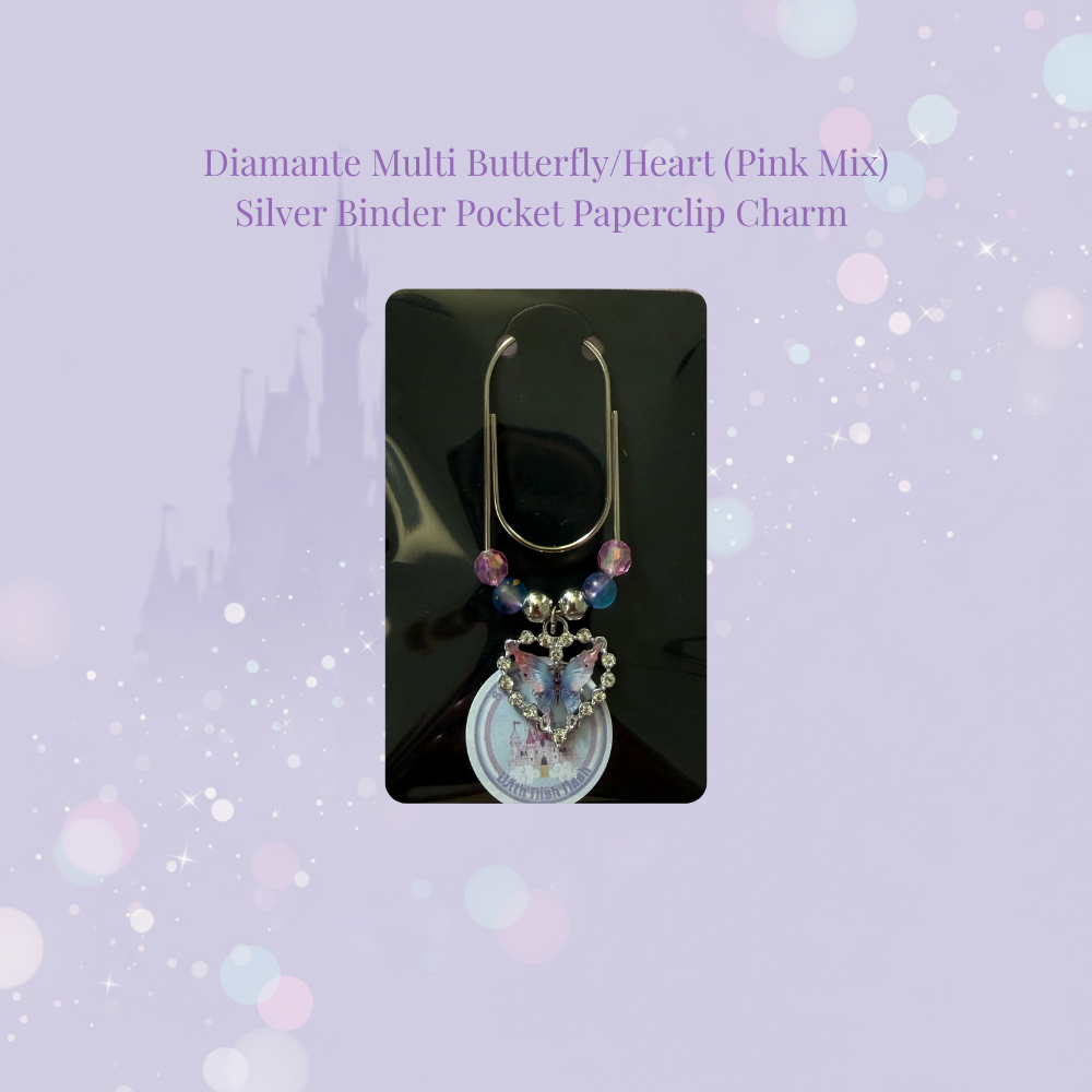 🦋✨ Diamante Multi Butterfly Heart Binder Pocket Charms ✨🦋 | Silver Paperclip