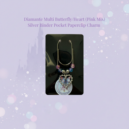 🦋✨ Diamante Multi Butterfly Heart Binder Pocket Charms ✨🦋 | Silver Paperclip