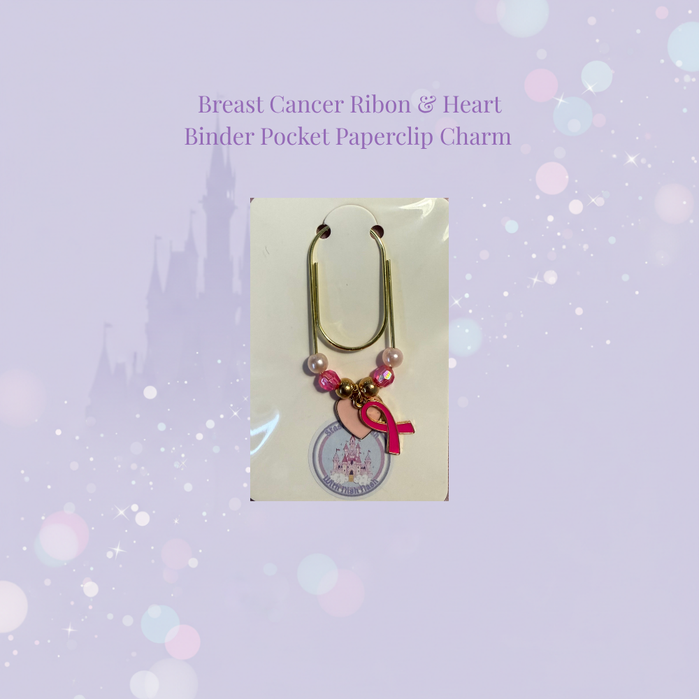 🎀💗 Breast Cancer Ribbon & Heart Binder Pocket Paperclip Charm 💗🎀